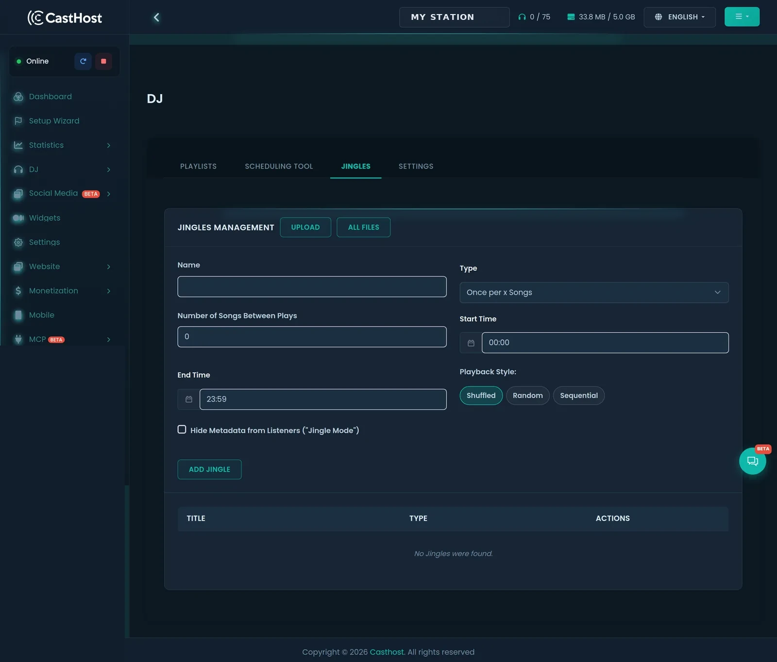 CastHost jingle management screen with rotation, start and end times and playback style