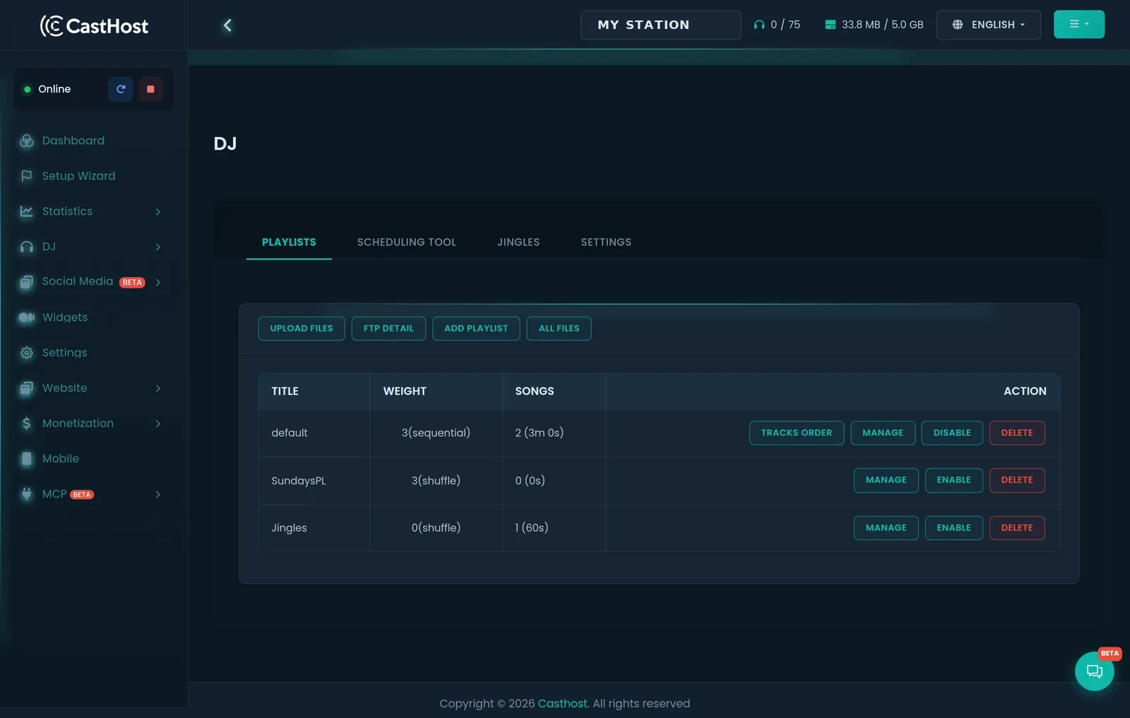 CastHost Auto DJ playlist manager showing playlists with sequential, shuffle and weighted playback and song counts