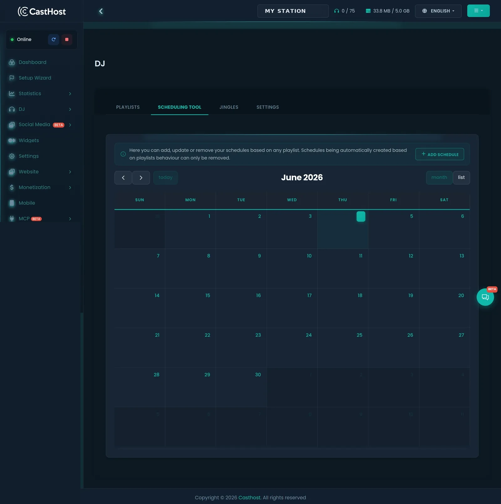 CastHost radio scheduling calendar assigning playlists to specific days and times