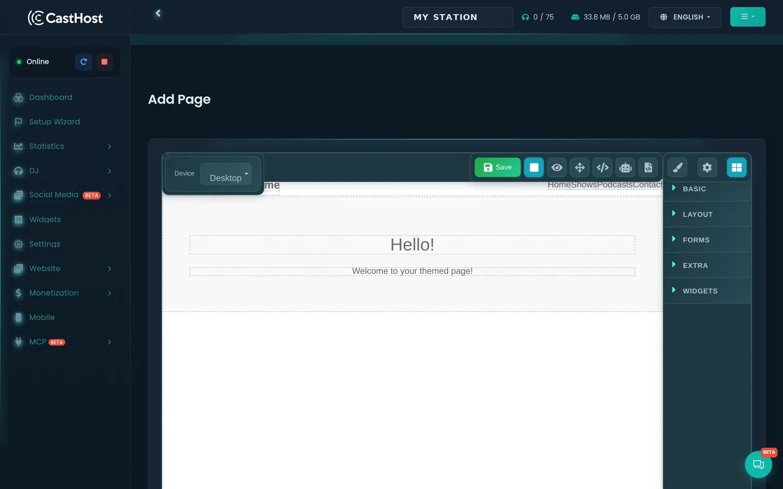 CastHost drag-and-drop radio station website builder with a page canvas and a panel of layout, form and station widget blocks
