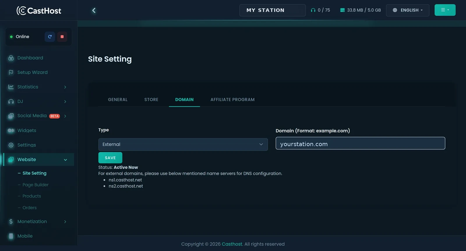 CastHost website settings with General, Store, Domain and Affiliate tabs for connecting a custom domain