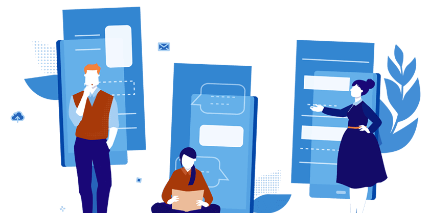 Illustration of three individuals engaged in conversation, with two standing beside large chat interface screens, emphasizing communication and online interaction, relevant to CastHost's online radio hosting services.
