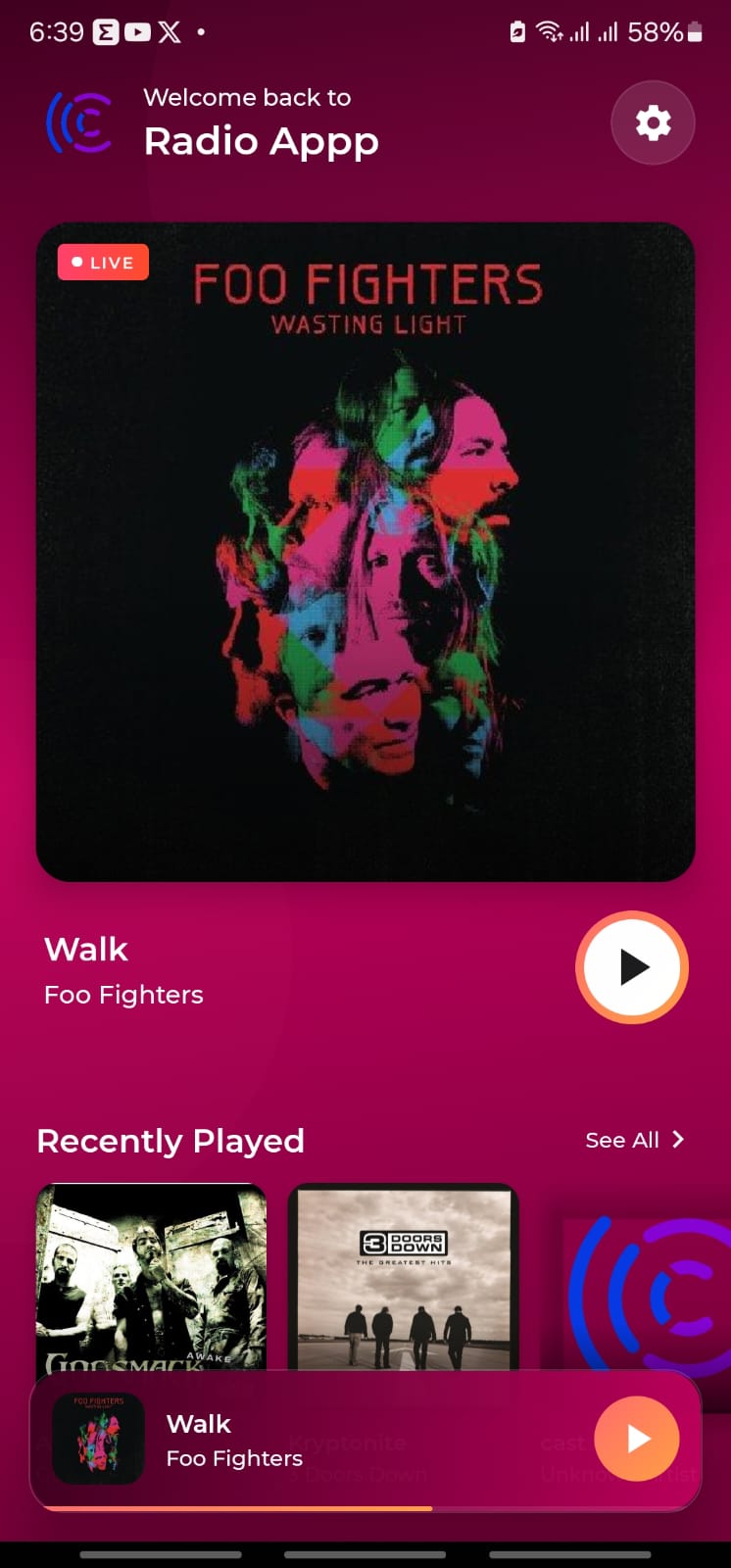 Rhythm FM mobile app interface displaying the current song with social media icons and recently played tracks.