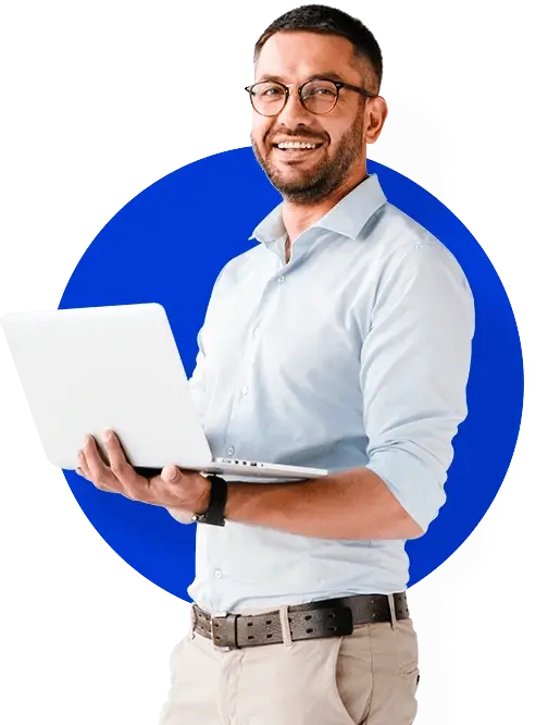 Smiling man holding a laptop, representing online radio hosting services by CastHost, with a blue circular background.